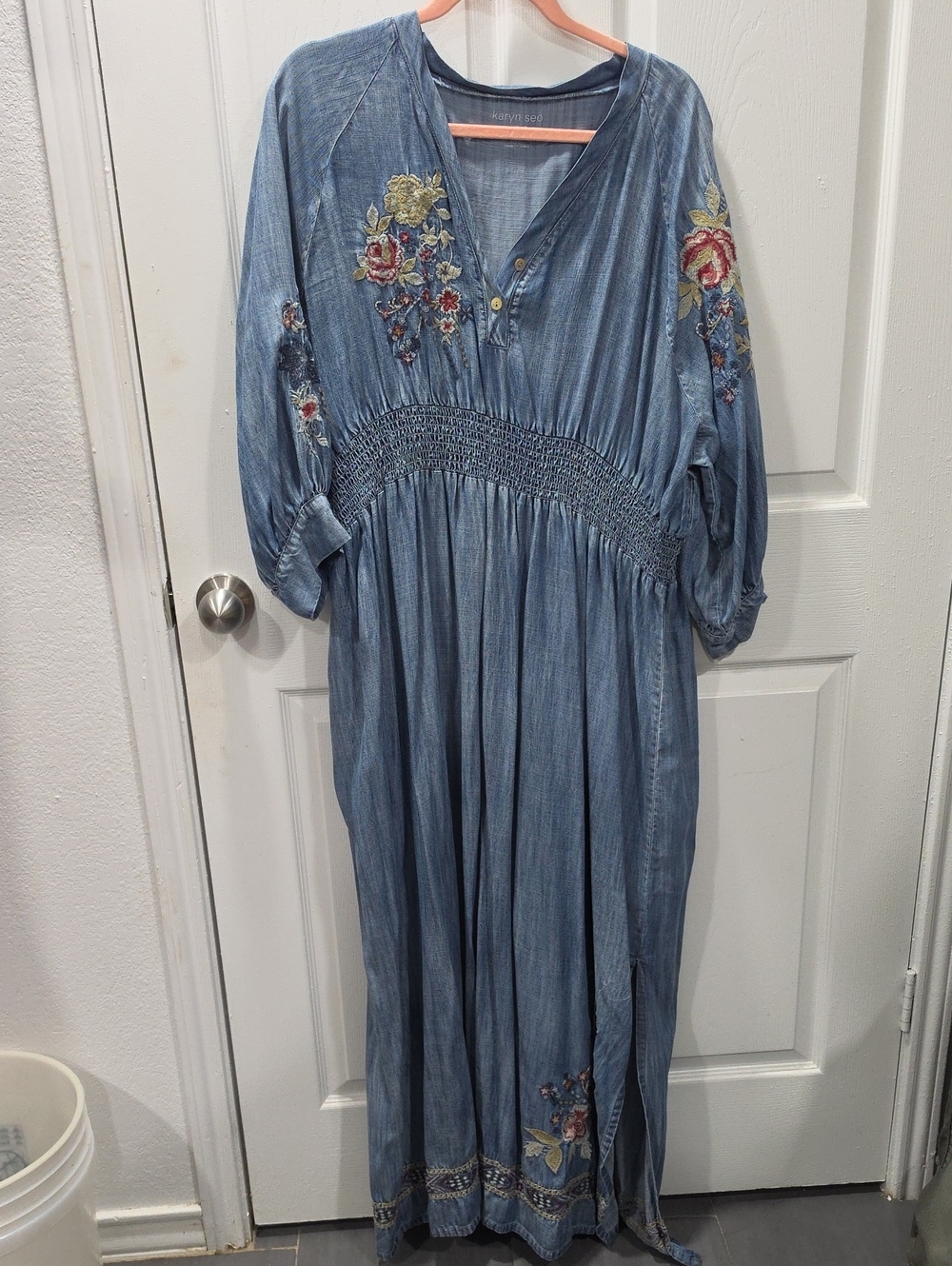 Boho Embroidered Chambray Maxi Dress - Blue